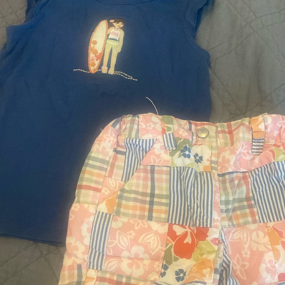 Gymboree sz 5 outfit plaid floral shorts surf tee shirt top surfer girl blue